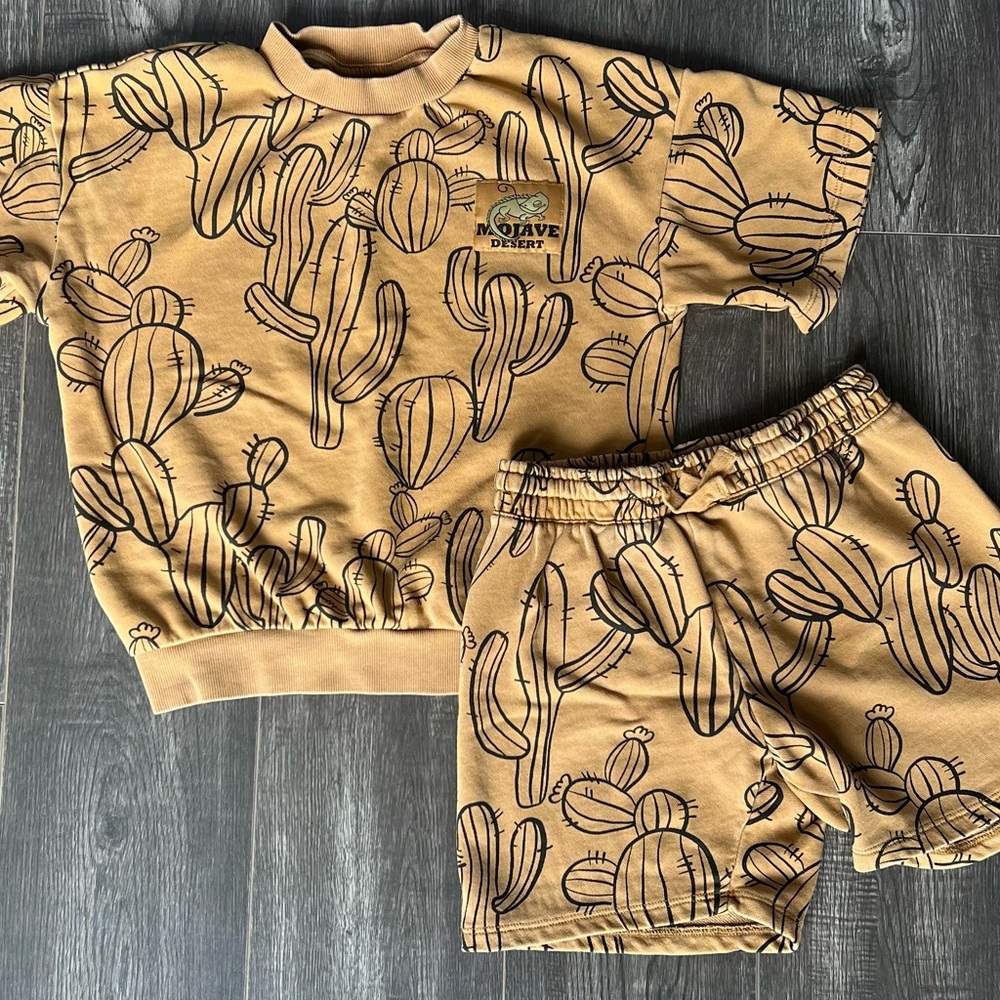 Cactus Print Kids Set - Tan